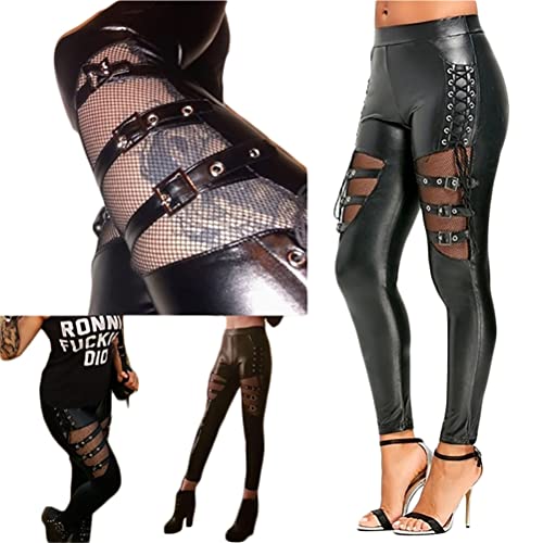 ORANDESIGNE Damen Lederoptik Leggings Kunstleder Hose Hohe Taille Stretch PU Lederhose Skinny Leggins Strumpfhose Hohe Taille Bleistifthose Freizeithose E Schwarz XXL von ORANDESIGNE