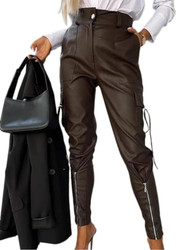 ORANDESIGNE Damen Lederhose Tapered PU Lederhose High Waist PU Leder Leggings Hose Schlanke Passform für Freizeit Party Kunstlederhosen A Braun XL von ORANDESIGNE