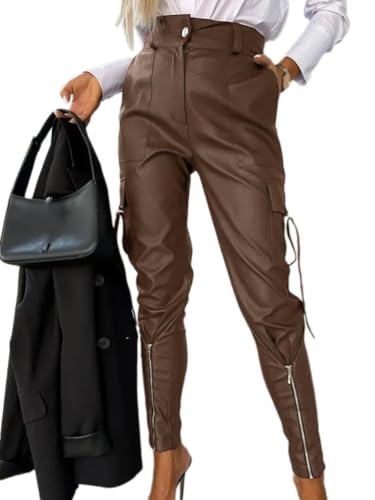 ORANDESIGNE Damen Lederhose Tapered PU Lederhose High Waist PU Leder Leggings Hose Schlanke Passform für Freizeit Party Kunstlederhosen A Rot S von ORANDESIGNE