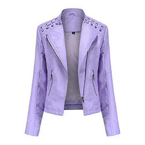 ORANDESIGNE Damen Lederjacken Kurze PU Jacke Schlank Dünne Reißverschluss Kunstleder Revers Lederjacke Motorradjacke Kurze Lederjacke Wildlederjacke Bikerjacken mit 2 Tasche A Hellblau XXL von ORANDESIGNE