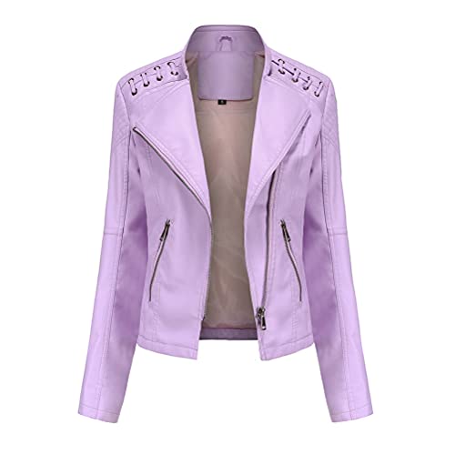 ORANDESIGNE Damen Lederjacken Kurze PU Jacke Schlank Dünne Reißverschluss Kunstleder Revers Lederjacke Motorradjacke Kurze Lederjacke Wildlederjacke Bikerjacken mit 2 Tasche A Helles Lila L von ORANDESIGNE