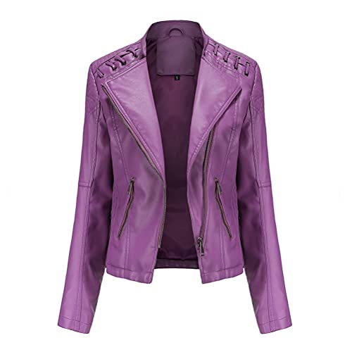 ORANDESIGNE Damen Lederjacken Kurze PU Jacke Schlank Dünne Reißverschluss Kunstleder Revers Lederjacke Motorradjacke Kurze Lederjacke Wildlederjacke Bikerjacken mit 2 Tasche A Violett L von ORANDESIGNE