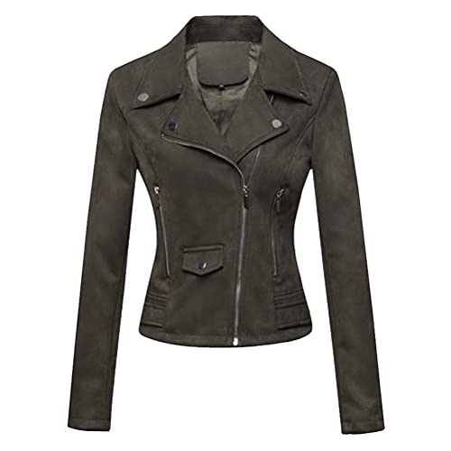 ORANDESIGNE Damen Lederjacken Kurze PU Jacke Schlank Dünne Reißverschluss Kunstleder Revers Lederjacke Motorradjacke Kurze Lederjacke Wildlederjacke Bikerjacken mit 2 Tasche B Armeegrün S von ORANDESIGNE