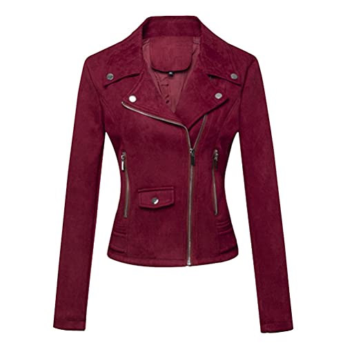 ORANDESIGNE Damen Lederjacken Kurze PU Jacke Schlank Dünne Reißverschluss Kunstleder Revers Lederjacke Motorradjacke Kurze Lederjacke Wildlederjacke Bikerjacken mit 2 Tasche B Weinrot XL von ORANDESIGNE