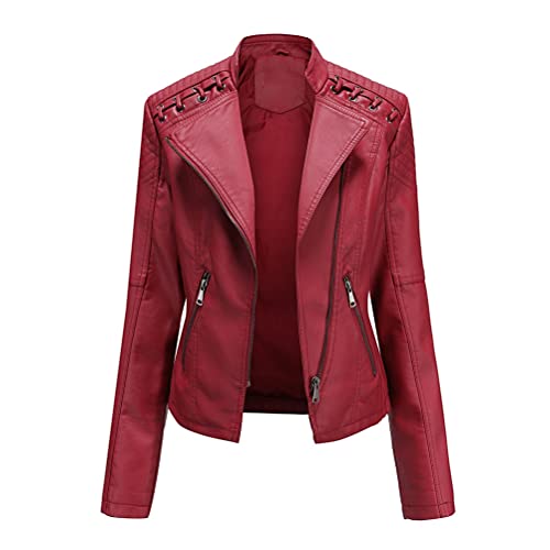 ORANDESIGNE Damen Lederjacken Kurze PU Jacke Schlank Dünne Seitlicher Reißverschluss Kunstleder Revers Lederjacke Motorradjacke Kurze Lederjacke Wildlederjacke Bikerjacken mit 2 Tasche A Rot XL von ORANDESIGNE
