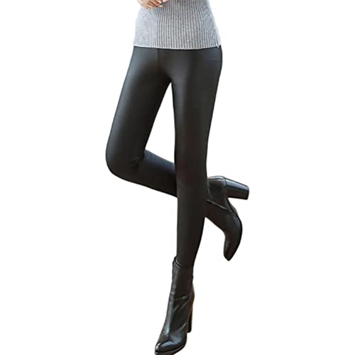 ORANDESIGNE Damen Lederoptik Leggings Kunstleder Hose Hohe Taille Stretch PU Lederhose Skinny Leggins Strumpfhose Hohe Taille Bleistifthose Freizeithose A Schwarz (Matt) S von ORANDESIGNE