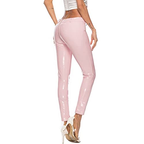 ORANDESIGNE Damen Lederoptik Leggings Kunstleder Hose Hohe Taille Stretch PU Lederhose Skinny Leggins Strumpfhose Hohe Taille Bleistifthose Freizeithose H Rosa XS von ORANDESIGNE