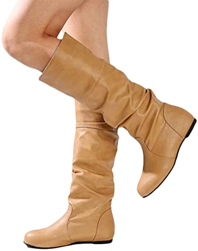 ORANDESIGNE Damen Lederstiefel Flache Stiefel Gürtelschnalle Seitlicher Reißverschluss Einfarbig Plissierte Stiefel mit Mittlerem Dickem Absatz Hohe Stiefel A Khaki 39 EU von ORANDESIGNE