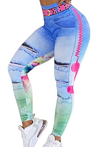 ORANDESIGNE Damen Leggings Denim Bedruckte Jogginghose Yogahose High Waist Blickdicht Leggings Weich Leggins Elastisch Sportleggins Lang Bauchweg Push Up Hose für Yoga Sport Gym B Hellblau M von ORANDESIGNE