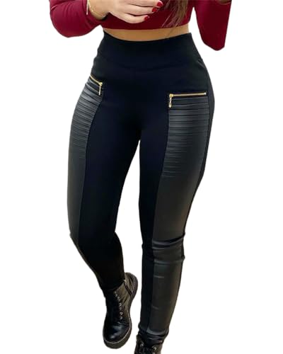 ORANDESIGNE Damen Leggings Frauen Laces Inset Sportleggings Fitness Yogahose mit Floralen Spitzen Einsätzen Sexy Skinny Stretch PU Leder Look Optik Treggins Push Up Biker Pants B Schwarz XXL von ORANDESIGNE