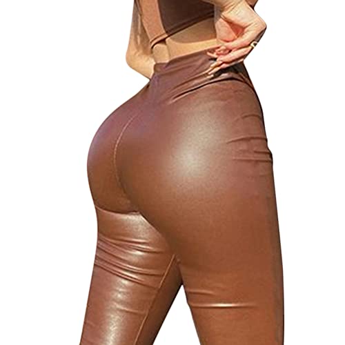 ORANDESIGNE Damen Leggings Lederoptik Hose Stretch PU Lederhose Skinny Kunstleder Leggins Strumpfhose Hohe Taille Bleistifthose Freizeithose Treggings A Braun L von ORANDESIGNE