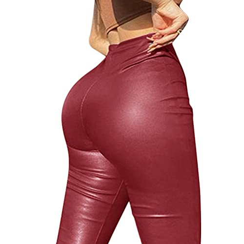 ORANDESIGNE Damen Leggings Lederoptik Hose Stretch PU Lederhose Skinny Kunstleder Leggins Strumpfhose Hohe Taille Bleistifthose Freizeithose Treggings A Weinrot 3XL von ORANDESIGNE