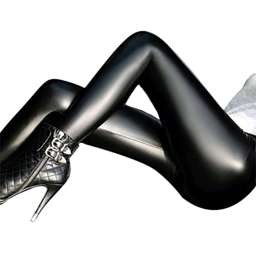 ORANDESIGNE Damen Lederoptik Leggings Kunstleder Hose Hohe Taille Stretch PU Lederhose Skinny Leggins Strumpfhose Hohe Taille Bleistifthose Freizeithose A Schwarz (Glänzend) M von ORANDESIGNE