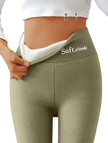 ORANDESIGNE Damen Leggings Winter Warme, Fleece Gefüttert Dicke Hosen Winter Blickdicht Leggins Mädchen Hoher Taille Plus Samt Verdicken Slim Lange Elastische Thermohose Strumpfhose A Grün S von ORANDESIGNE