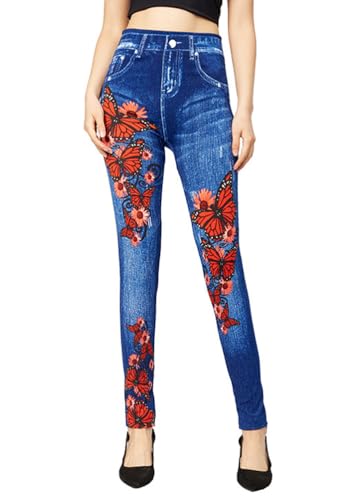ORANDESIGNE Damen Leggings mit Denim Schmetterling Druck Hohe Taille Push Up Stretch Strumpfhose Leggings Lange Hosen Dünne Schlank Yoga Sport Lauf Fitness Workout Freizeit Hose H Rot L von ORANDESIGNE