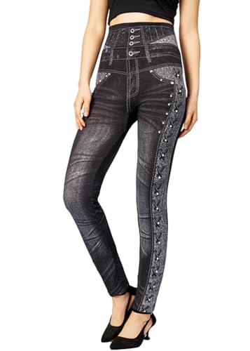 ORANDESIGNE Damen Leggings mit Denim Schmetterling Druck Hohe Taille Push Up Stretch Strumpfhose Leggings Lange Hosen Dünne Schlank Yoga Sport Lauf Fitness Workout Freizeit Hose K Schwarz 01 L von ORANDESIGNE
