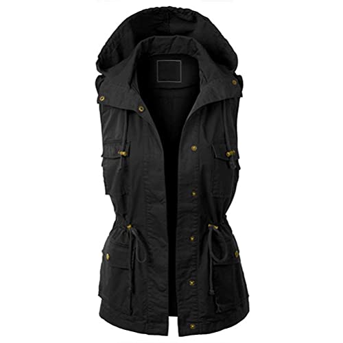ORANDESIGNE Damen Leichte Softshell Weste Parka mit Kapuze Übergangsjacke Sommer Herbst Ärmellos Jacke Wanderungen Angeln Bergsteigen Winddicht Parka Coat Outdoor Jacken Mantel (A Schwarz, XXL) von ORANDESIGNE