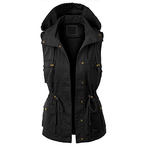 ORANDESIGNE Damen Leichte Softshell Weste Parka mit Kapuze Übergangsjacke Sommer Herbst Ärmellos Jacke Wanderungen Angeln Bergsteigen Winddicht Parka Coat Outdoor Jacken Mantel A Schwarz, XXL von ORANDESIGNE