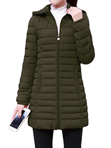ORANDESIGNE Damen Leichte Übergangsjacke Steppjacke mit Kapuze Mittellang Mantel Winterjacke Warme Daunenjacke Reißverschluss Sportjacke Freizeit Outdoorjacke Basic Casual A Armeegrün XS von ORANDESIGNE
