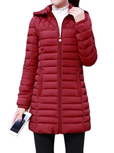 ORANDESIGNE Damen Leichte Übergangsjacke Steppjacke mit Kapuze Mittellang Mantel Winterjacke Warme Daunenjacke Reißverschluss Sportjacke Freizeit Outdoorjacke Basic Casual A Rot M von ORANDESIGNE
