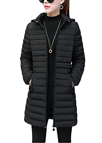 ORANDESIGNE Damen Leichte Übergangsjacke Steppjacke mit Kapuze Mittellang Mantel Winterjacke Warme Daunenjacke Reißverschluss Sportjacke Freizeit Outdoorjacke Basic Casual B Schwarz XXL von ORANDESIGNE