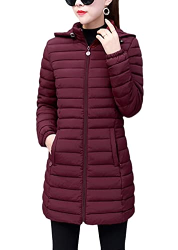 ORANDESIGNE Damen Leichte Übergangsjacke Steppjacke mit Kapuze Mittellang Mantel Winterjacke Warme Daunenjacke Reißverschluss Sportjacke Freizeit Outdoorjacke Basic Casual B Weinrot L von ORANDESIGNE