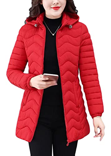 ORANDESIGNE Damen Leichte Übergangsjacke Steppjacke mit Kapuze Mittellang Mantel Winterjacke Warme Daunenjacke Reißverschluss Sportjacke Freizeit Outdoorjacke Basic Casual C Rot 3XL von ORANDESIGNE