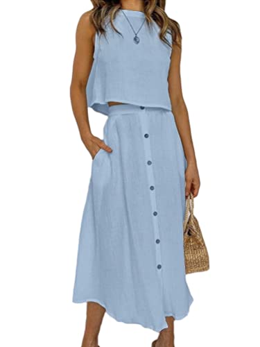 ORANDESIGNE Damen Leinen Ärmelloses Crop Top und Leinen A-Linien Maxirock 2 Teiliges Set Freizeitanzug Elegant Sommer Leinenanzug Oberteil Strandrock A Blau M von ORANDESIGNE