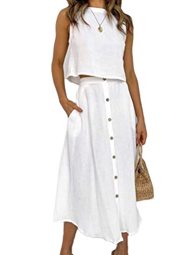 ORANDESIGNE Damen Leinen Ärmelloses Crop Top und Leinen A-Linien Maxirock 2 Teiliges Set Freizeitanzug Elegant Sommer Leinenanzug Oberteil Strandrock A Weiß L von ORANDESIGNE
