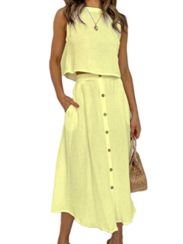 ORANDESIGNE Damen Leinen Ärmelloses Top und Langer Rock Zweiteiliges Set Einfarbiges Rundhalsausschnitt Oberteil Knopfdekoration Maxirock mit Unregelmäßigem Saum und Taschen A Gelb XL von ORANDESIGNE