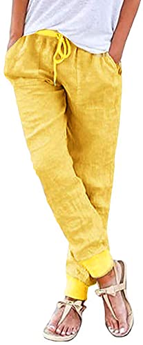 ORANDESIGNE Damen Leinenhose 7/8 Länge Leichte Sommerhose Strandhose Weich Bequem Loose Einfarbig Freizeithose Jogginghose Haremshose Mit Kordelzug (Large, Gelb) von ORANDESIGNE