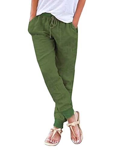 ORANDESIGNE Damen Leinenhose 7/8 Länge Leichte Sommerhose Strandhose Weich Bequem Loose Einfarbig Freizeithose Jogginghose Haremshose Mit Kordelzug (Medium, Grün) von ORANDESIGNE