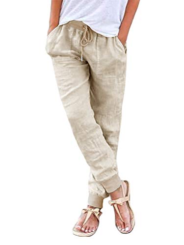 ORANDESIGNE Damen Leinenhose 7/8 Länge Leichte Sommerhose Strandhose Weich Bequem Loose Einfarbig Freizeithose Jogginghose Haremshose Mit Kordelzug Beige Large von ORANDESIGNE