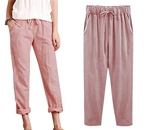 ORANDESIGNE Damen Leinenhose 7/8 Länge Leichte Sommerhose Strandhose Weich Bequem Loose Einfarbig Freizeithose Jogginghose Haremshose Mit Kordelzug Z2 Rosa Large von ORANDESIGNE