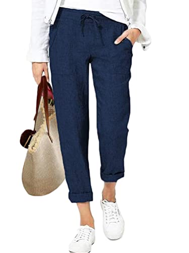 ORANDESIGNE Damen Leinenhose Sommerhose Freizeit Hose mit Kordelzug und Taschen Casual Einfarbig Leichte Haremshose Freizeithose Bequeme Strandhose A Dunkelblau XS von ORANDESIGNE