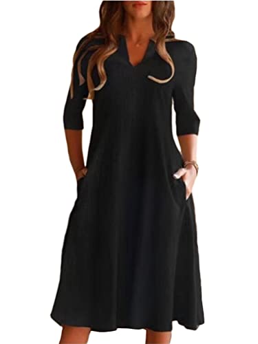 ORANDESIGNE Damen Leinenkleid Blusenkleid Lässig 3/4-Arm V-Ausschnitt Knielang Midikleid Einfarbig Lose Sommerkleid E Schwarz 3XL von ORANDESIGNE