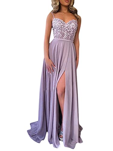 ORANDESIGNE Festliche Kleider Abschlussball Kleider Damen Lang Spitzenkleid A Linie Spaghetti Kleid Cocktailkleid Elegant Brautjungfernkleider Trauzeugin Hochzeit Gast Kleider B Lila M von ORANDESIGNE