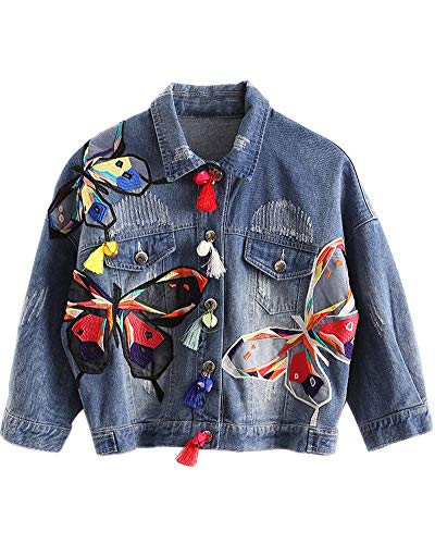 ORANDESIGNE Damen Mädchen Beiläufig Stilvoll Bestickt Rose Denim Jeansjacke Jacket Gewaschene Jeans Oberbekleidung Coats Mantel B Blau M von ORANDESIGNE