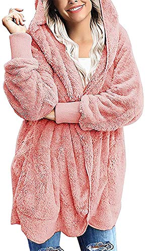 ORANDESIGNE Damen Mantel Plüschjacke Frau Wintermantel Kurzmantel Solide Kapuze Taschen Vintage Mäntel Winterjacke Jacke Cardigan Langarmshirt Rosa S von ORANDESIGNE