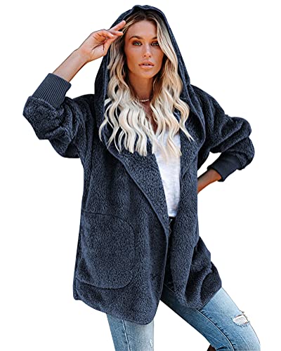 ORANDESIGNE Damen Mantel Plüschjacke Fraun Wintermantel Kurzmantel Warm Cardigan Kapuzenjacke mit Taschen Winterjacke A Blau XL von ORANDESIGNE