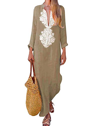 ORANDESIGNE Damen Maxi Kleid Frauen Boho Baggy Lose Langarm V-Ausschnitt Blumendruck Leinen Kaftan Tunika Langes Strandkleid Abendkleid A Khaki L von ORANDESIGNE