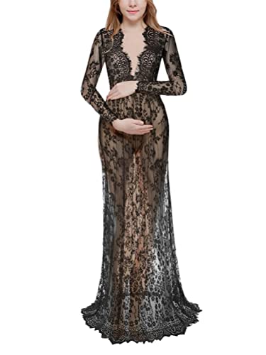 ORANDESIGNE Damen Maxi Kleider Sexy Spitze Lang Langarm V-Ausschnitt Negligee Schwangerschafts Umstandskleid Cocktailkleid Abendkleid Fotografie Requisiten Kleidung A Schwarz L von ORANDESIGNE