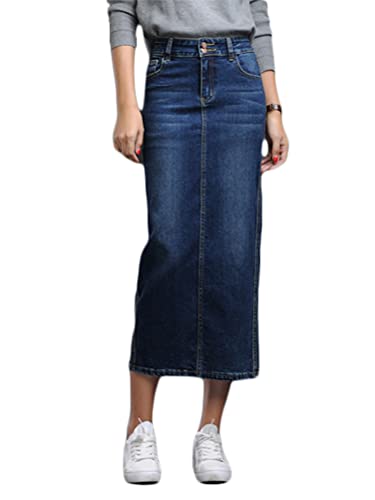 ORANDESIGNE Damen Maxi Long Jeans Rock Bleistift Jeansrock Hohe Taille A-Linie Lange Denim Röcke Freizeit Lässig Voller Länge Boutique Blau Denim Jeansrock im Used Look E Blau M von ORANDESIGNE