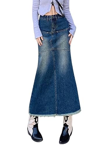 ORANDESIGNE Damen Maxi Long Jeans Rock Bleistift Jeansrock Hohe Taille A-Linie Lange Denim Röcke Freizeit Lässig Voller Länge Boutique Blau Denim Jeansrock im Used Look F Blau L von ORANDESIGNE