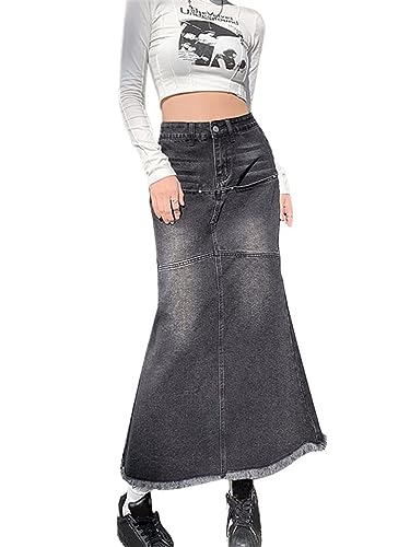 ORANDESIGNE Damen Maxi Long Jeans Rock Bleistift Jeansrock Hohe Taille A-Linie Lange Denim Röcke Freizeit Lässig Voller Länge Boutique Blau Denim Jeansrock im Used Look F Schwarz XL von ORANDESIGNE