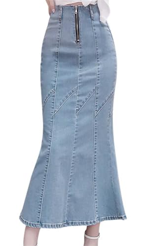 ORANDESIGNE Damen Maxi Long Jeans Rock Bleistift Jeansrock Hohe Taille A-Linie Lange Denim Röcke Freizeit Lässig Voller Länge Boutique Blau Denim Jeansrock im Used Look H Blau L von ORANDESIGNE