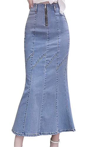 ORANDESIGNE Damen Maxi Long Jeans Rock Bleistift Jeansrock Hohe Taille A-Linie Lange Denim Röcke Freizeit Lässig Voller Länge Boutique Blau Denim Jeansrock im Used Look H Blau M von ORANDESIGNE