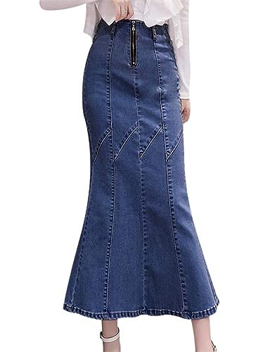 ORANDESIGNE Damen Maxi Long Jeans Rock Bleistift Jeansrock Hohe Taille A-Linie Lange Denim Röcke Freizeit Lässig Voller Länge Boutique Blau Denim Jeansrock im Used Look H Dunkelblau L von ORANDESIGNE