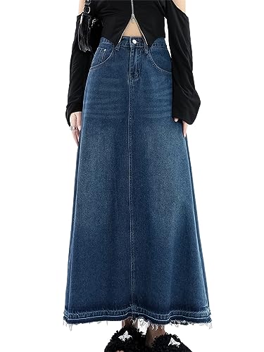 ORANDESIGNE Damen Maxi Long Jeans Rock Bleistift Jeansrock Hohe Taille A-Linie Lange Denim Röcke Freizeit Lässig Voller Länge Boutique Blau Denim Jeansrock im Used Look I Blau L von ORANDESIGNE