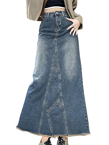 ORANDESIGNE Damen Maxi Long Jeans Rock Bleistift Jeansrock Hohe Taille A-Linie Lange Denim Röcke Freizeit Lässig Voller Länge Boutique Blau Denim Jeansrock im Used Look J Blau S von ORANDESIGNE